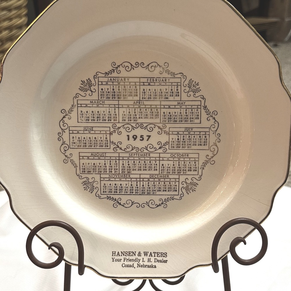 Sabina 1957 Calendar Plate Hansen & Waters IH Dealer Cream Gold Fair 10in Trim